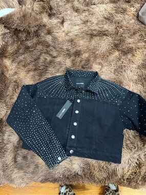 Fashion Nova Black Studded Cropped Denim Jacket
